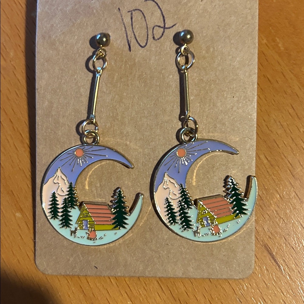 Hippie Gold and Multicolor Crescent Earrings
